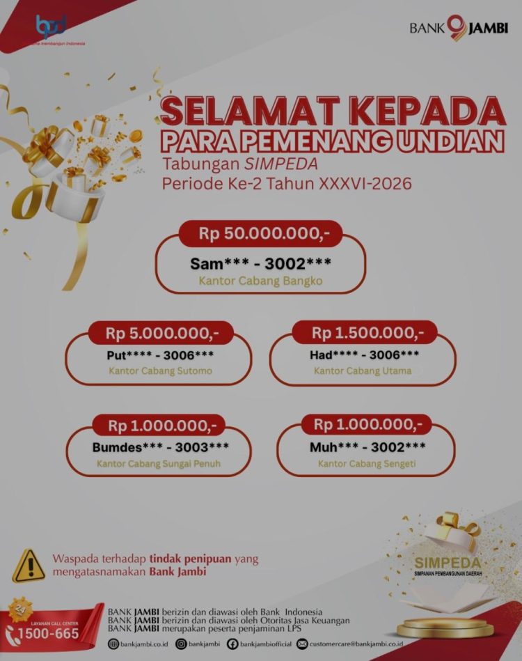 Nasabah Bank Jambi Cabang Bangko Raih Hadiah Rp50 Juta pada Undian Simpeda Nasional 2026