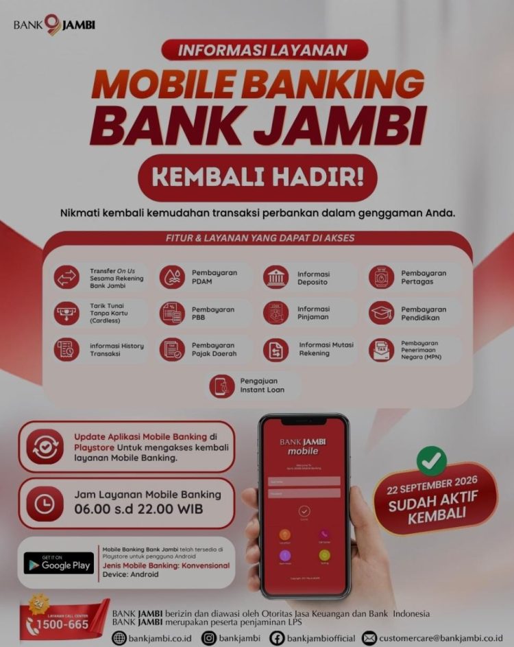 Mobile Banking Bank Jambi Kembali Aktif, Nasabah Diimbau Segera Perbarui Aplikasi