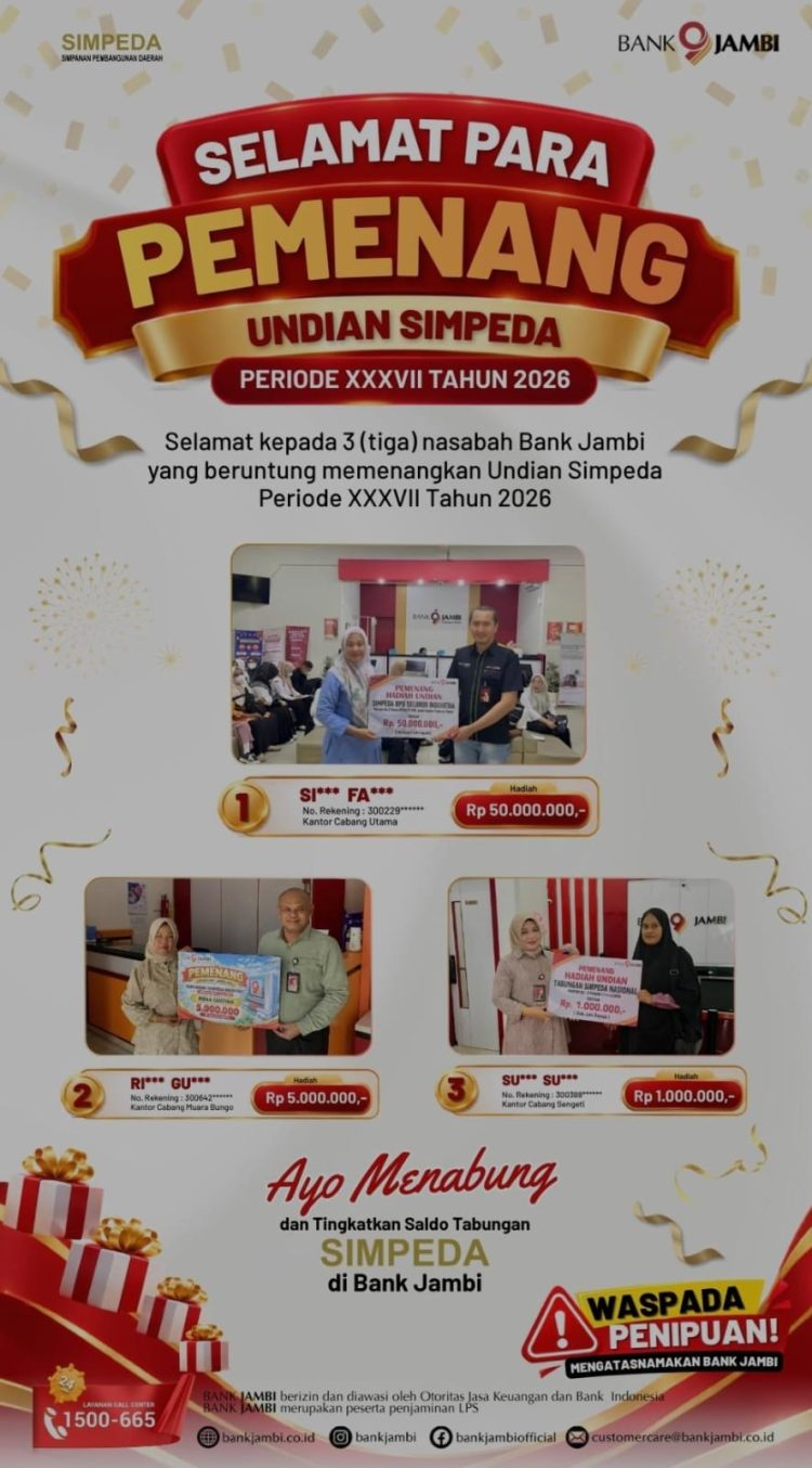 Tiga Nasabah Bank Jambi Raih Hadiah Undian Nasional Tabungan SIMPEDA XXXVII Tahun 2026
