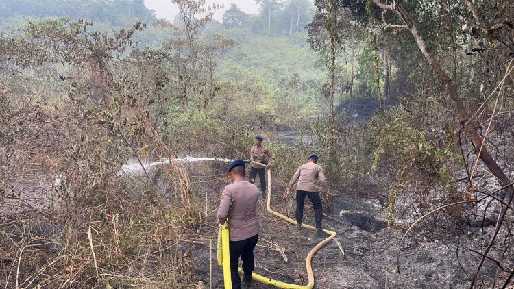 Respons Cepat, Personel Satbrimob Polda Jambi Padamkan Kebakaran Lahan Di Merangin